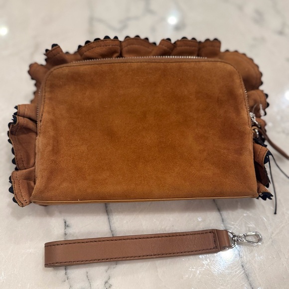 Loeffler Randall Clutch Wristlet Coastal Cowgirl Brown Suede Ruffled Trim NWOT - Picture 2 of 15